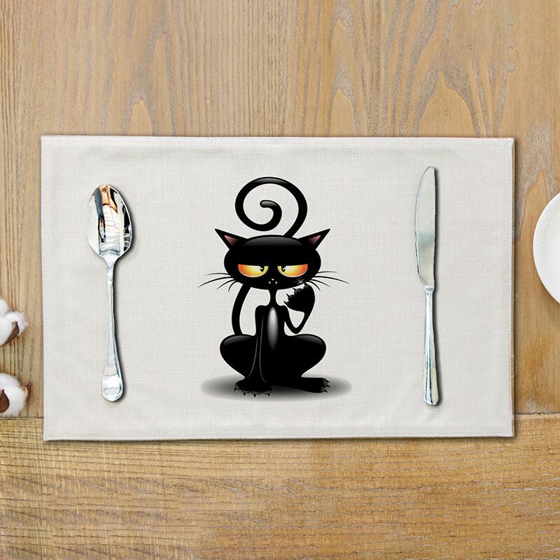 Lovely Cat Dining Mat Cartoon Black Cat Pattern Με Στάμπα Από Βαμβάκι Και Λινό