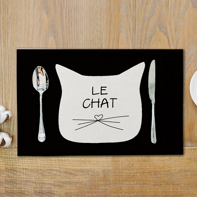 Lovely Cat Dining Mat Cartoon Black Cat Pattern Με Στάμπα Από Βαμβάκι Και Λινό