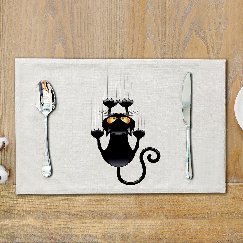 Lovely Cat Dining Mat Cartoon Black Cat Pattern Με Στάμπα Από Βαμβάκι Και Λινό