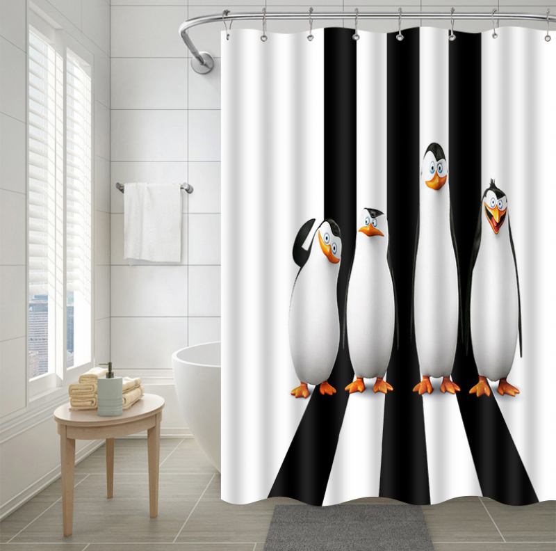 Cute Animals Penguins Print Κουρτίνα Μπάνιου Με 12 Γάντζους