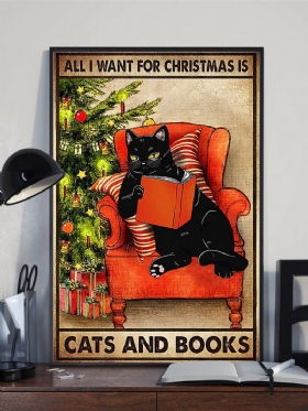 1 Pc Cat And Books Pattern Χριστουγεννιάτικη Σειρά Καμβά Εκτύπωσης Αυτοκόλλητη Διακόσμηση Σπιτιού Για Υπνοδωμάτιο Σαλόνι Αυτοκόλλητα Τοίχου