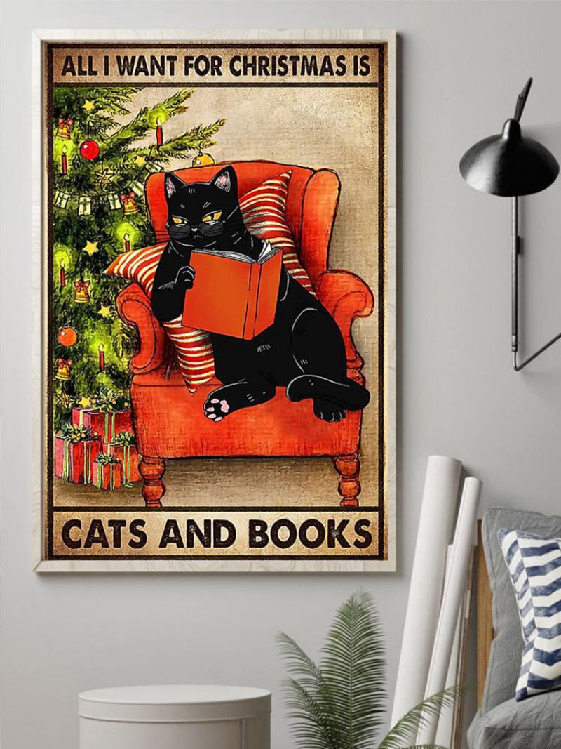 1 Pc Cat And Books Pattern Χριστουγεννιάτικη Σειρά Καμβά Εκτύπωσης Αυτοκόλλητη Διακόσμηση Σπιτιού Για Υπνοδωμάτιο Σαλόνι Αυτοκόλλητα Τοίχου