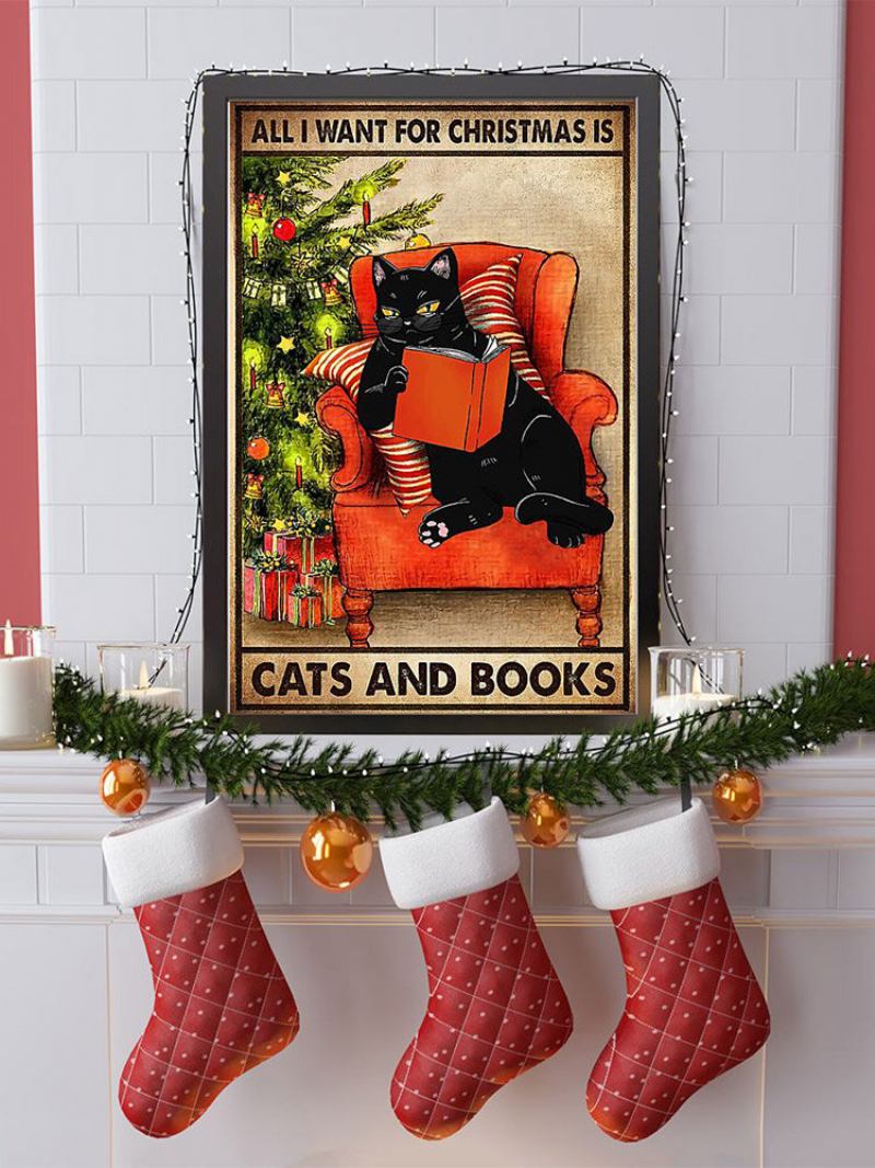 1 Pc Cat And Books Pattern Χριστουγεννιάτικη Σειρά Καμβά Εκτύπωσης Αυτοκόλλητη Διακόσμηση Σπιτιού Για Υπνοδωμάτιο Σαλόνι Αυτοκόλλητα Τοίχου