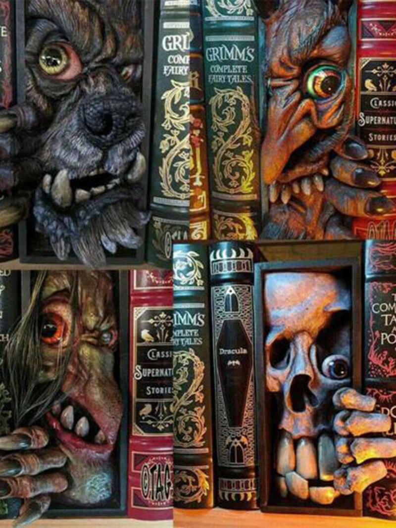 1 Pc Monster Bookends Skull Decor Figurines Devil Statue Horror Peeping On The Book Ράφι Γλυπτό Από Ρητίνη Ανθρώπινου Προσώπου Χειροτεχνία Διακόσμησης Σπιτιού