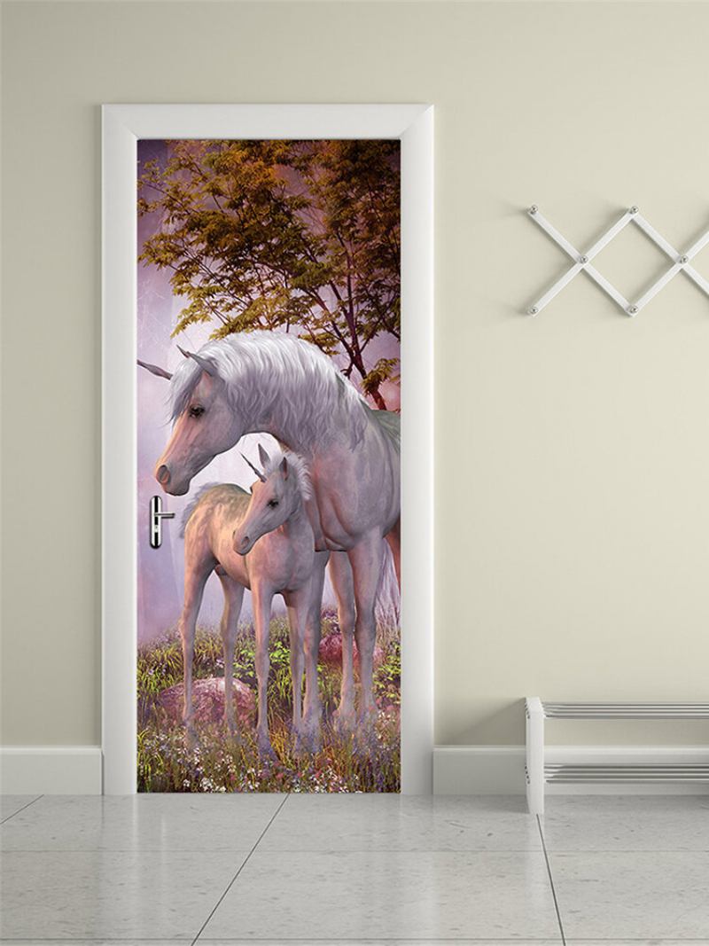 200x77cm 3d Unicorn Pvc Αυτοκόλλητο Πόρτας Τοιχογραφίας Σαλονιού