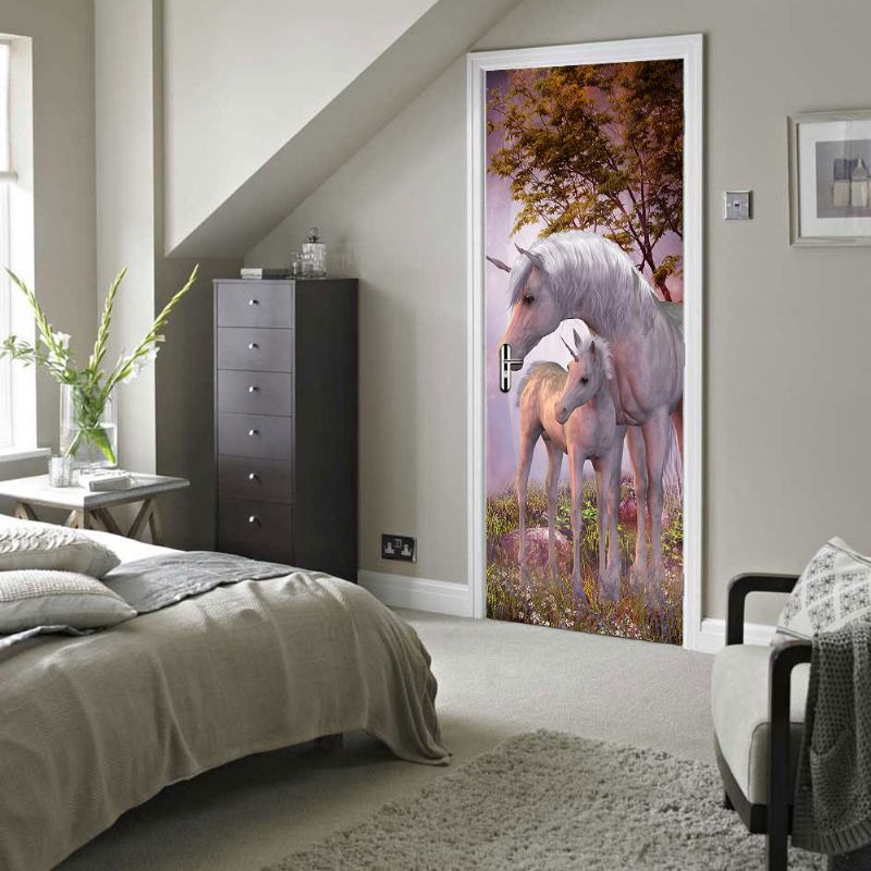 200x77cm 3d Unicorn Pvc Αυτοκόλλητο Πόρτας Τοιχογραφίας Σαλονιού