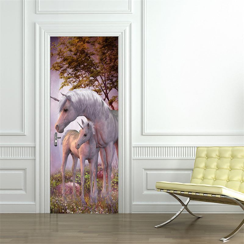 200x77cm 3d Unicorn Pvc Αυτοκόλλητο Πόρτας Τοιχογραφίας Σαλονιού