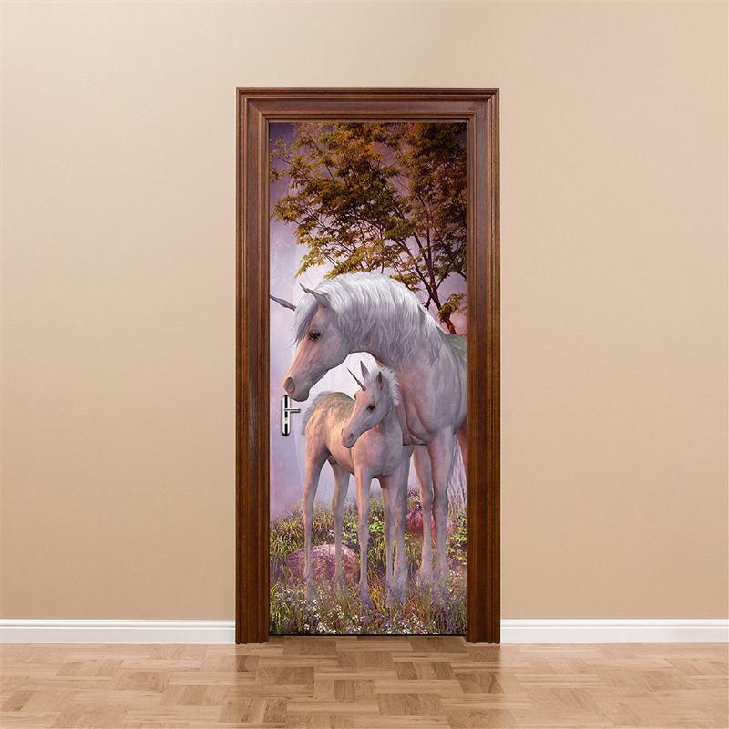 200x77cm 3d Unicorn Pvc Αυτοκόλλητο Πόρτας Τοιχογραφίας Σαλονιού