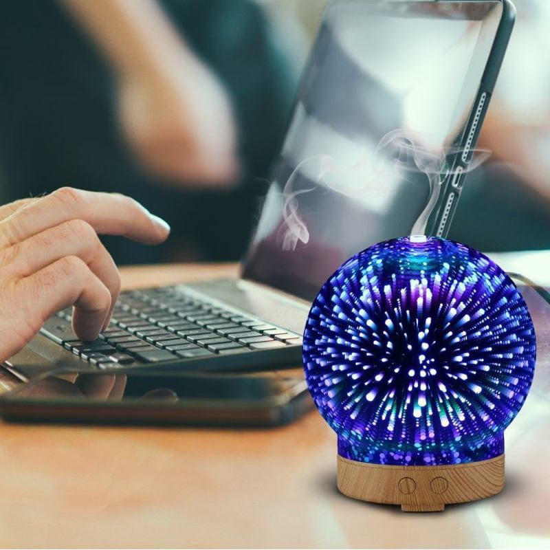 3d Fireworks Glass Aromatherapy Diffuser 100ml Cool Mist Humidifier Color Changing Light Night