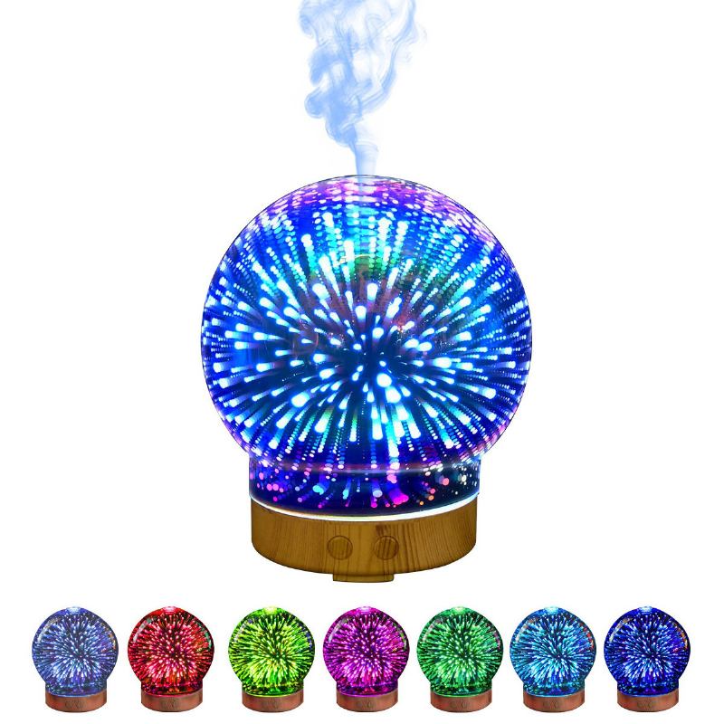 3d Fireworks Glass Aromatherapy Diffuser 100ml Cool Mist Humidifier Color Changing Light Night