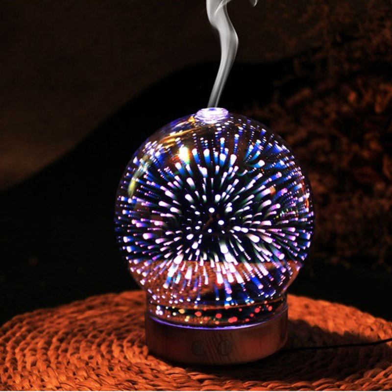 3d Fireworks Glass Aromatherapy Diffuser 100ml Cool Mist Humidifier Color Changing Light Night