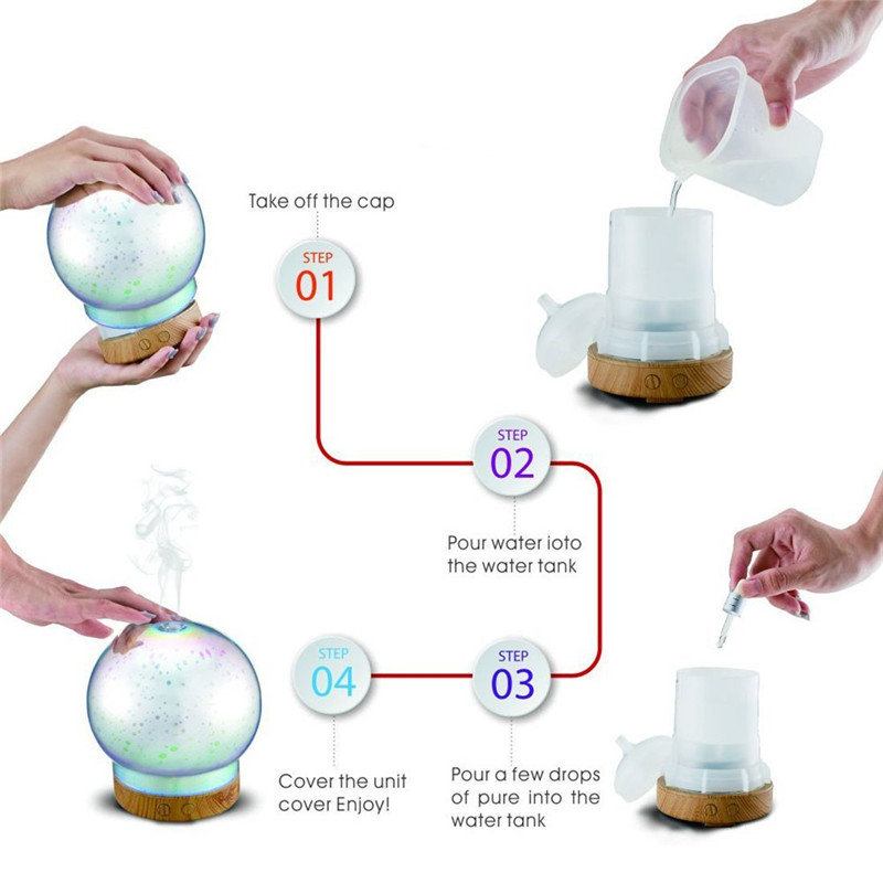 3d Fireworks Glass Aromatherapy Diffuser 100ml Cool Mist Humidifier Color Changing Light Night