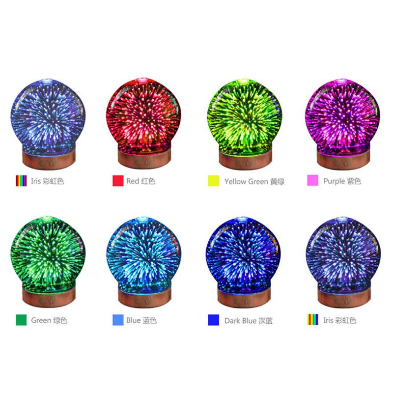 3d Fireworks Glass Aromatherapy Diffuser 100ml Cool Mist Humidifier Color Changing Light Night