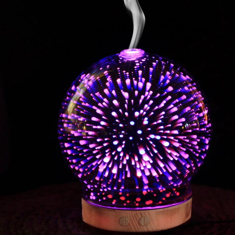 3d Fireworks Glass Aromatherapy Diffuser 100ml Cool Mist Humidifier Color Changing Light Night