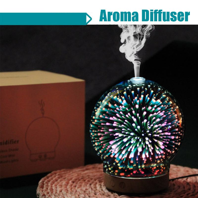 3d Fireworks Glass Aromatherapy Diffuser 100ml Cool Mist Humidifier Color Changing Light Night