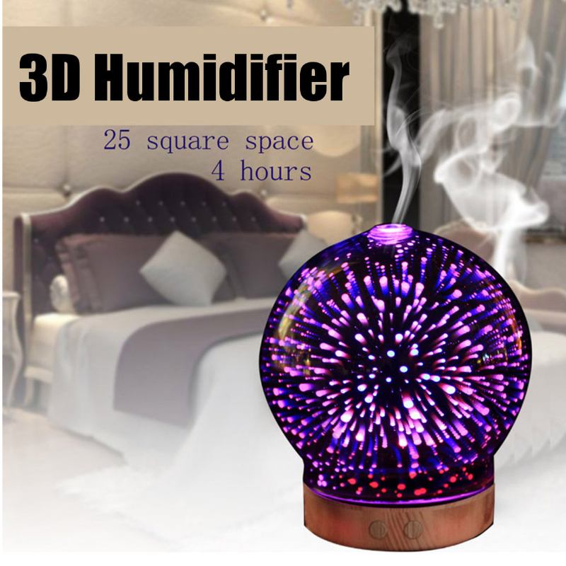 3d Fireworks Glass Aromatherapy Diffuser 100ml Cool Mist Humidifier Color Changing Light Night