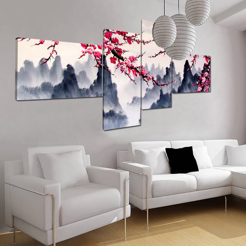 4 Τμχ Plum Blossom Unframed Μοντέρνος Καμβάς Ζωγραφικής Εκτύπωσης Τέχνη Τοίχου Εικόνα Διακόσμηση Σπιτιού Σαλονιού