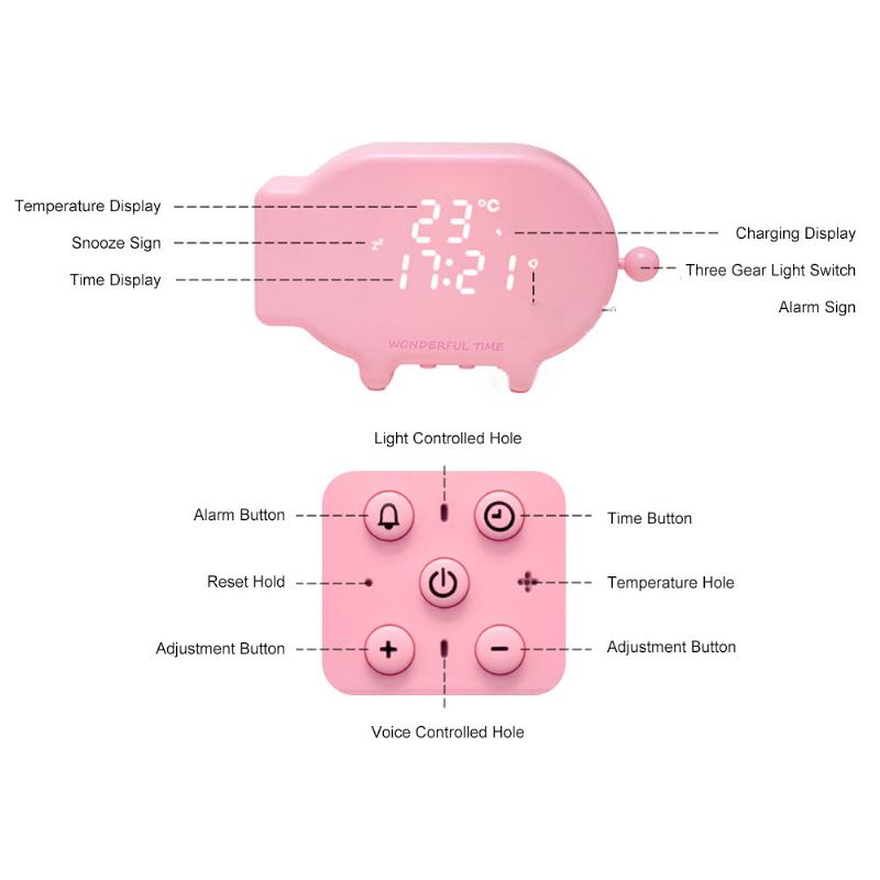 Αξιολάτρευτο Ρολόι Κινουμένων Σχεδίων Χοίρων Για Εσωτερικούς Χώρους Υπνοδωμάτιο Με Οθόνη Led Νυχτερινή Λάμπα Επαναφορτιζόμενη Φωνητική Ρύθμιση Ξυπνητήρι