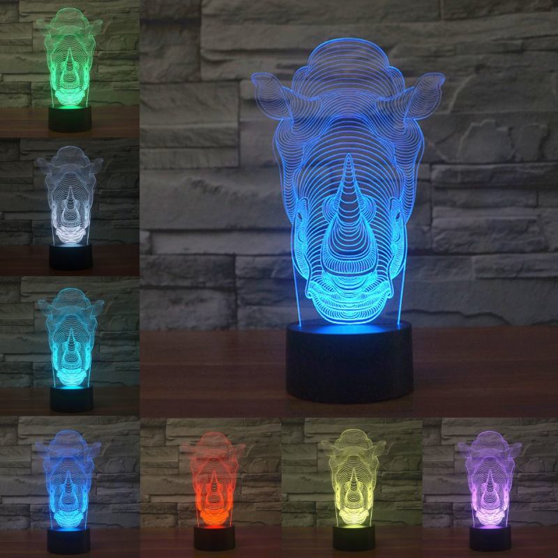 Animals Rhino 3d Led Illusion Night Light 7 Αλλαγή Χρώματος Διακόπτης Αφής Επιτραπέζιο Φωτιστικό Γραφείου Σπιτιού