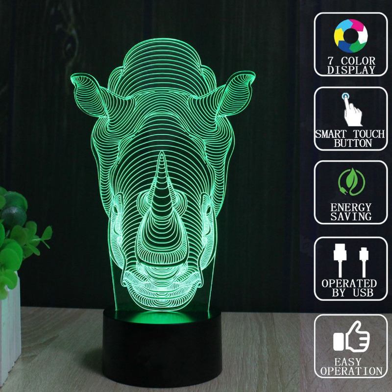 Animals Rhino 3d Led Illusion Night Light 7 Αλλαγή Χρώματος Διακόπτης Αφής Επιτραπέζιο Φωτιστικό Γραφείου Σπιτιού