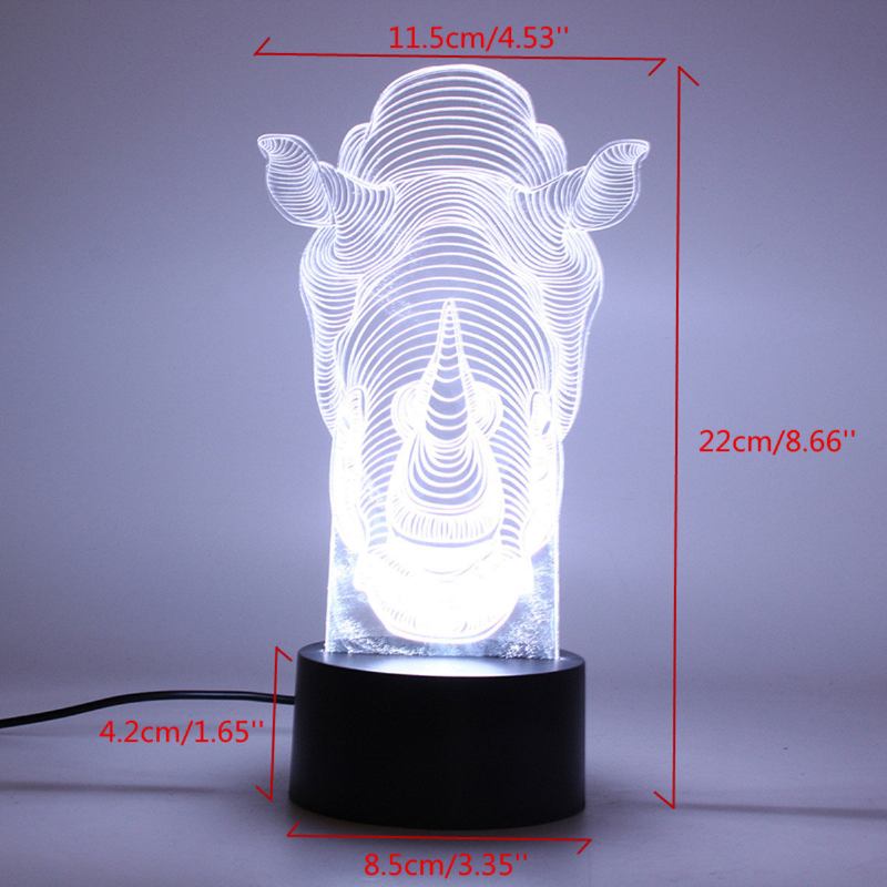 Animals Rhino 3d Led Illusion Night Light 7 Αλλαγή Χρώματος Διακόπτης Αφής Επιτραπέζιο Φωτιστικό Γραφείου Σπιτιού