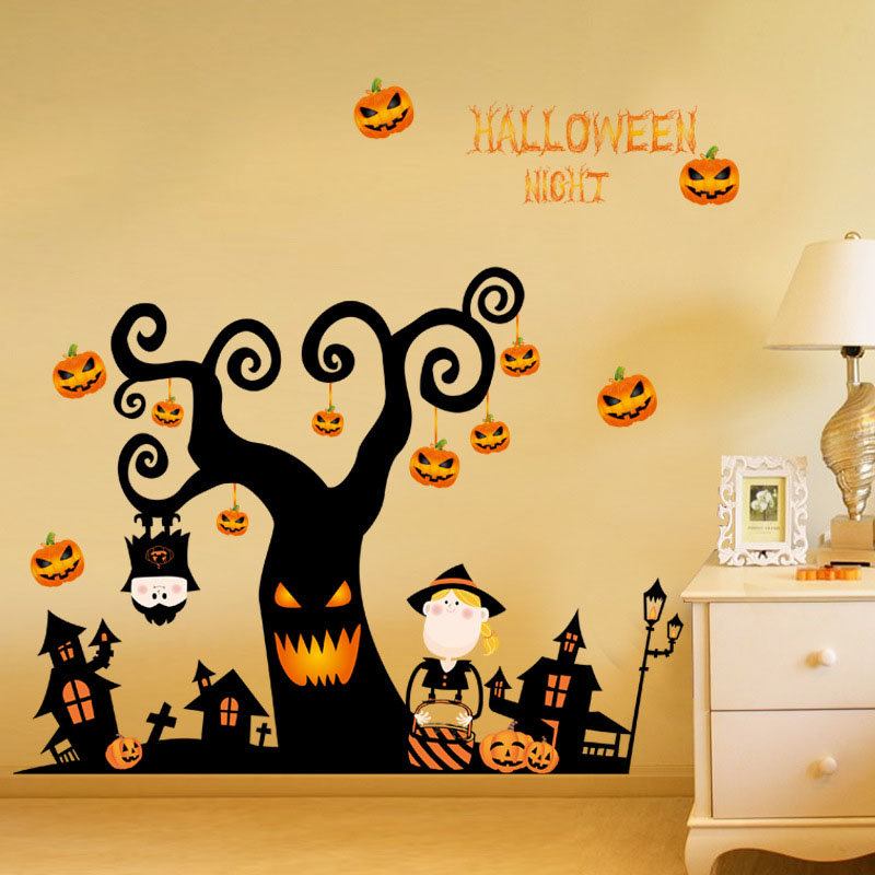 Αυτοκόλλητο Pvc Halloween Tree House Haunted Castle Pumpkin Light Τοίχου Διακόσμηση Παραθύρου