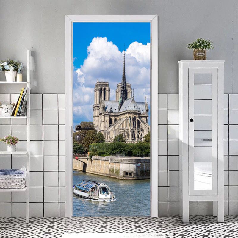 Διακοσμητικά Αυτοκόλλητα Στην Πόρτα Beautiful Paris Building 2 Set 3d Τοίχου Δημιουργικό Pvc Αφαιρούμενο