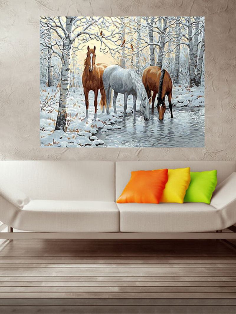 Ξύλινη Κορνίζα Diy Paint By Number 16x20 Ίντσες Kit Three Horses In Ice Forest