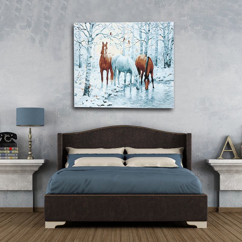 Ξύλινη Κορνίζα Diy Paint By Number 16x20 Ίντσες Kit Three Horses In Ice Forest