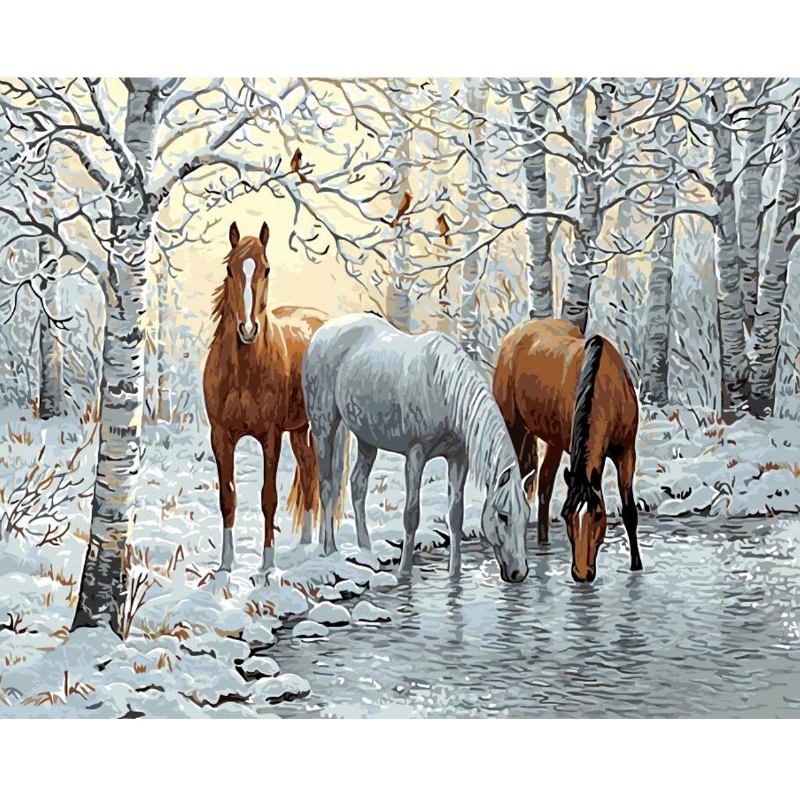 Ξύλινη Κορνίζα Diy Paint By Number 16x20 Ίντσες Kit Three Horses In Ice Forest