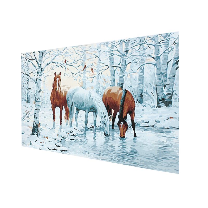 Ξύλινη Κορνίζα Diy Paint By Number 16x20 Ίντσες Kit Three Horses In Ice Forest