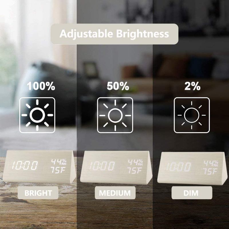 Ξύλινο Ψηφιακό Ξυπνητήρι Με Ηλεκτρονική Ένδειξη Led Ώρας 3 Ρυθμίσεις Ανίχνευση Υγρασίας Και Θερμοκρασίας