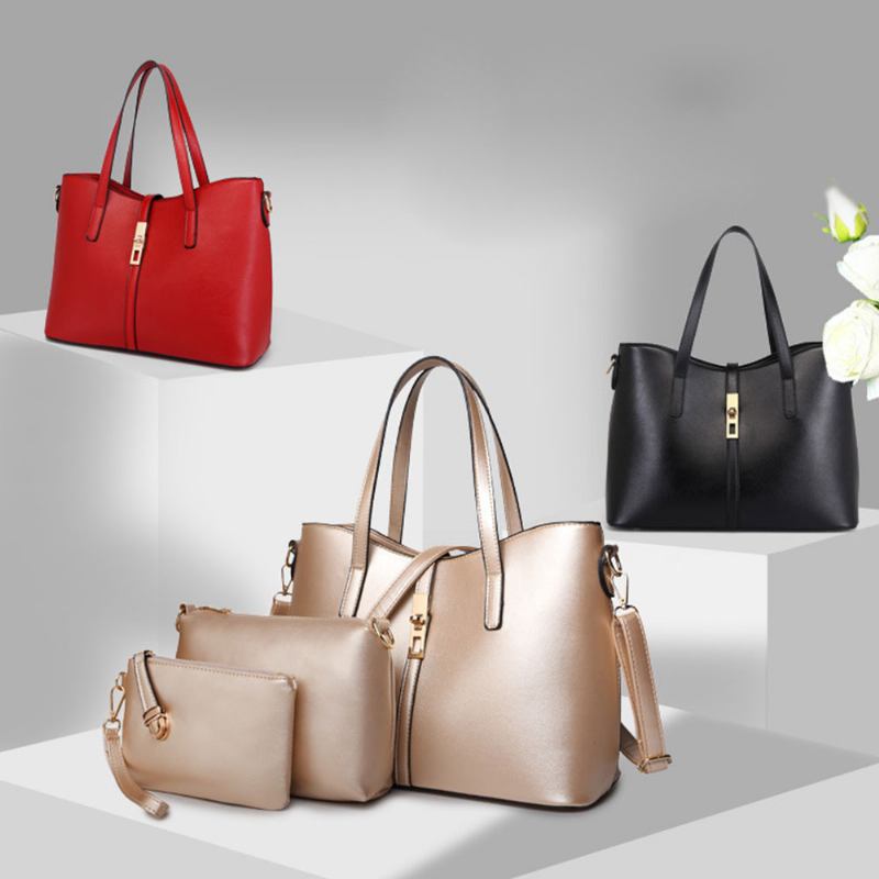 Απλά Γυναικεία Αξεσουάρ Σετ Τσάντες Lady Tote - 3 Τεμ. Μασίφ Pu Δερμάτινη Τσάντα Ώμου & Τσαντάκι Σταυρωτό Σώμα & Συμπλέκτης Με Ιμάντα