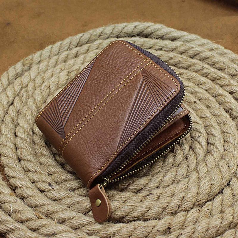 Γνήσιο Δέρμα Vintage Φερμουάρ Άδεια Οδήγησης Trifold Wallet Για Άνδρες