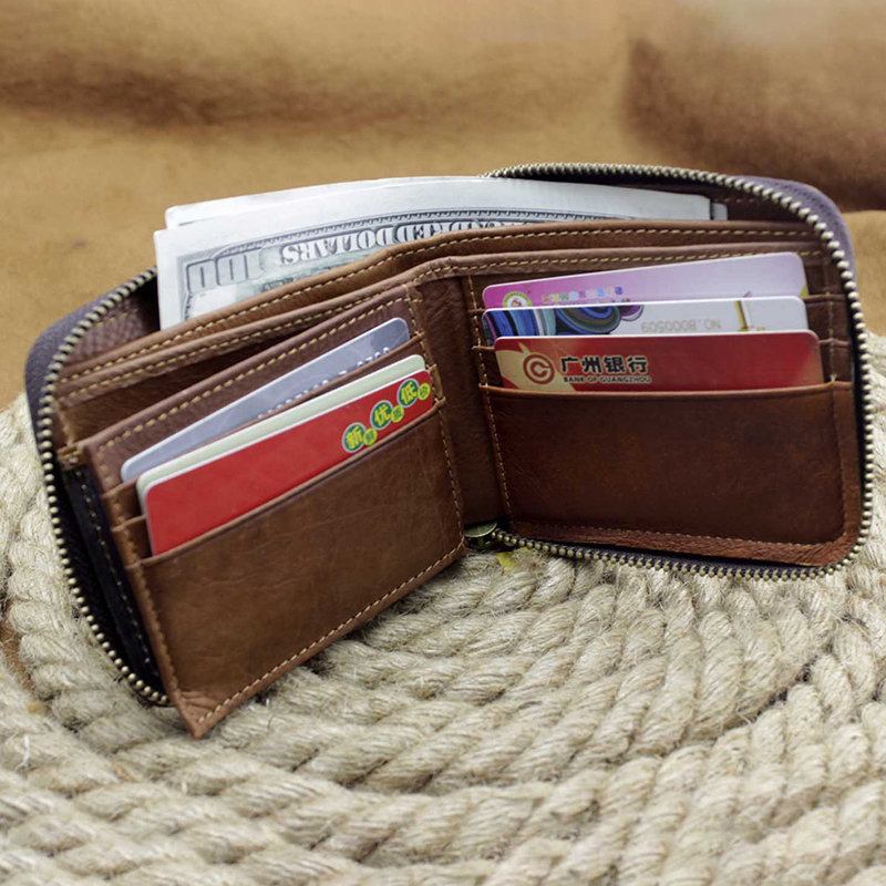 Γνήσιο Δέρμα Vintage Φερμουάρ Άδεια Οδήγησης Trifold Wallet Για Άνδρες