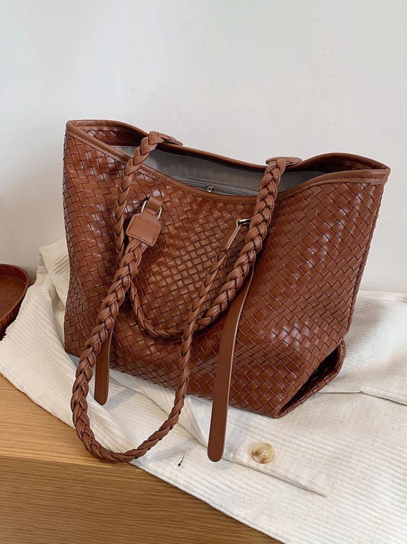 Γυναικεία Vintage Pu Leather Weave Τσάντα Ώμου Μεγάλης Χωρητικότητας Tote