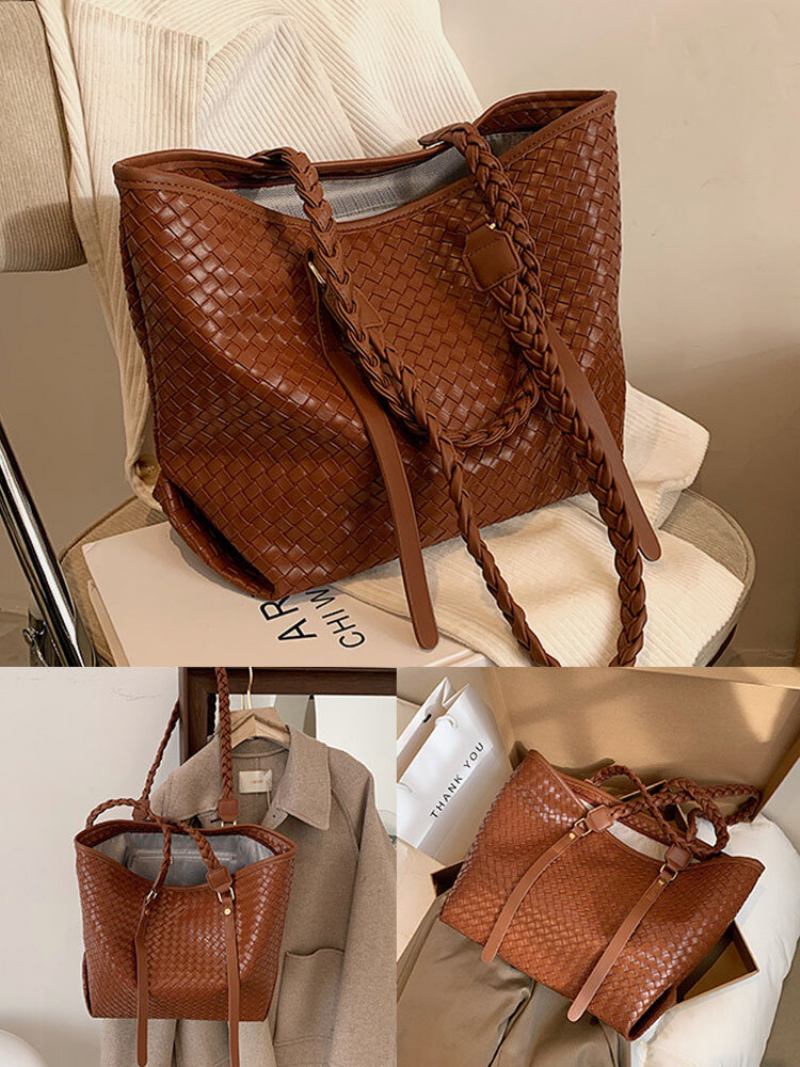 Γυναικεία Vintage Pu Leather Weave Τσάντα Ώμου Μεγάλης Χωρητικότητας Tote