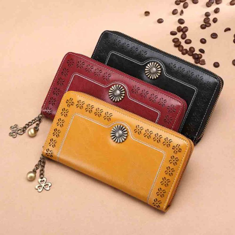 Κλασικό Κοίλο Sunflower Lady Clutch Γνήσιο Δέρμα Με Φερμουάρ Κρεμαστό Θήκη Κάρτας Πορτοφόλι Μακρύ Τσάντα Συμπλέκτη