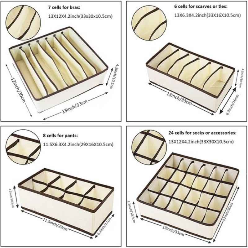 Ντουλάπα 4 Τμχ Πτυσσόμενοι Υφασμάτινοι Κάδοι Αποθήκευσης Κάλτσες Σουτιέν Εσώρουχα Συρταριέρα Διαχωριστικό Κουτί