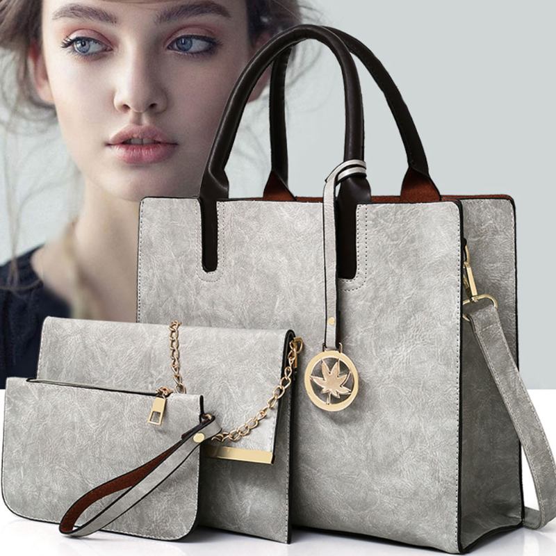 Σετ Γυναικείες Τσάντες - Frosted Pu Leather Lady Handbag & Shoulder Bag & Tote Fashion Satchel Slim Purse 3pcs