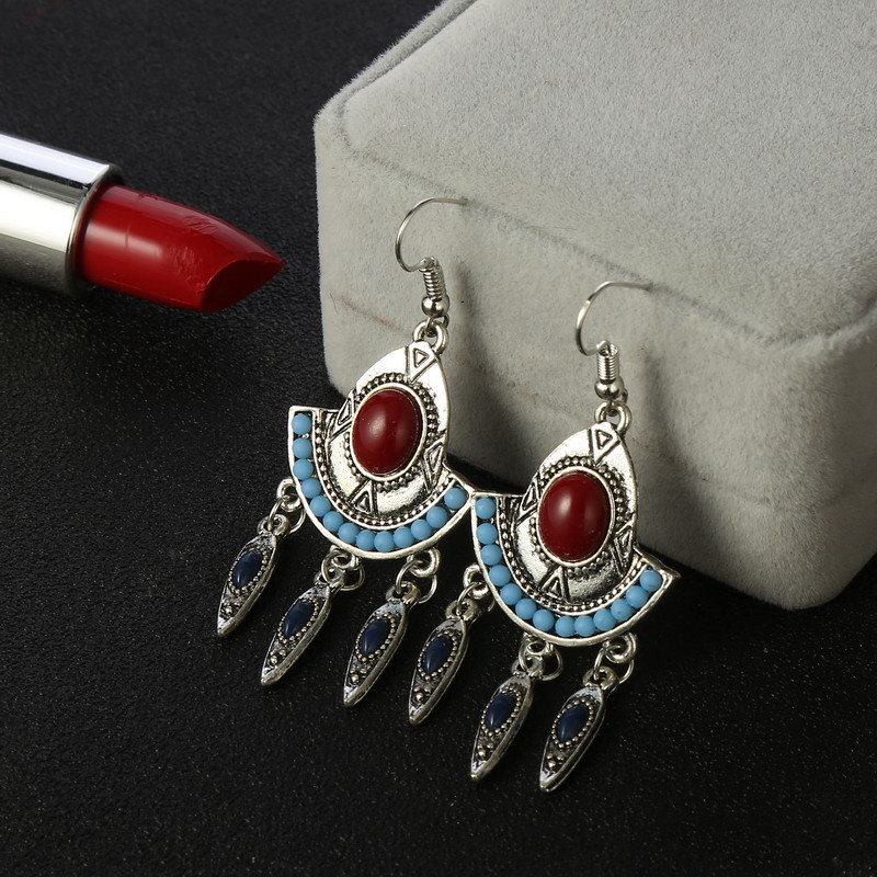 Bohemian Ear Drop Earrings Fan Geometric Turquois Tassel Ethnic Jewelry For Women