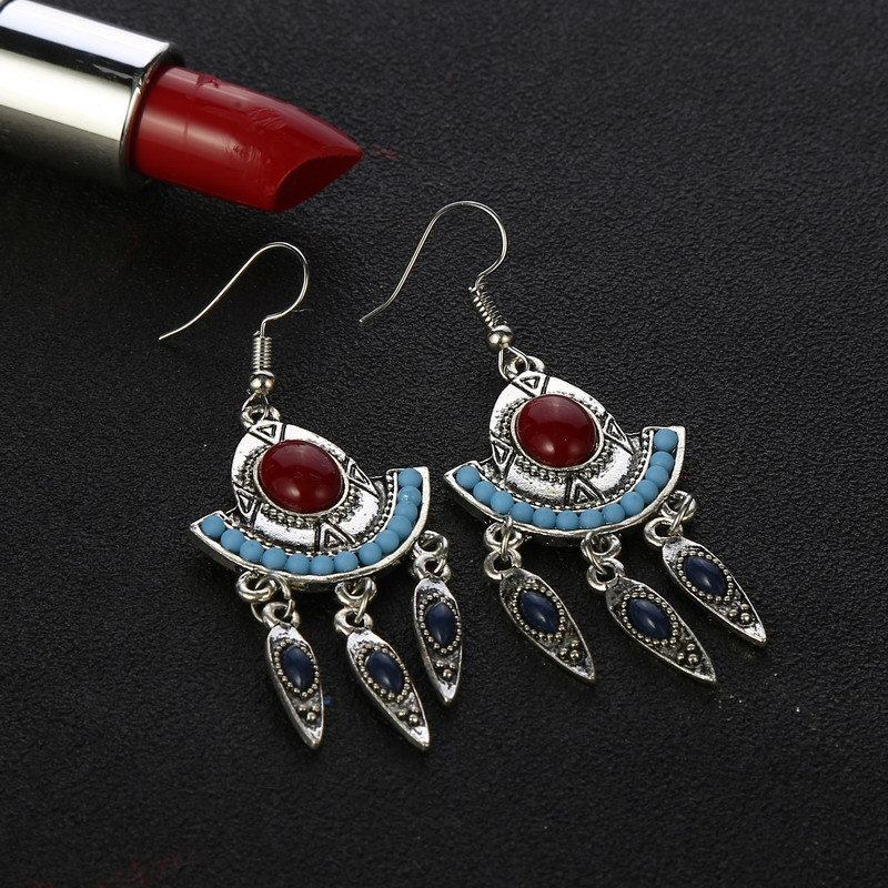 Bohemian Ear Drop Earrings Fan Geometric Turquois Tassel Ethnic Jewelry For Women