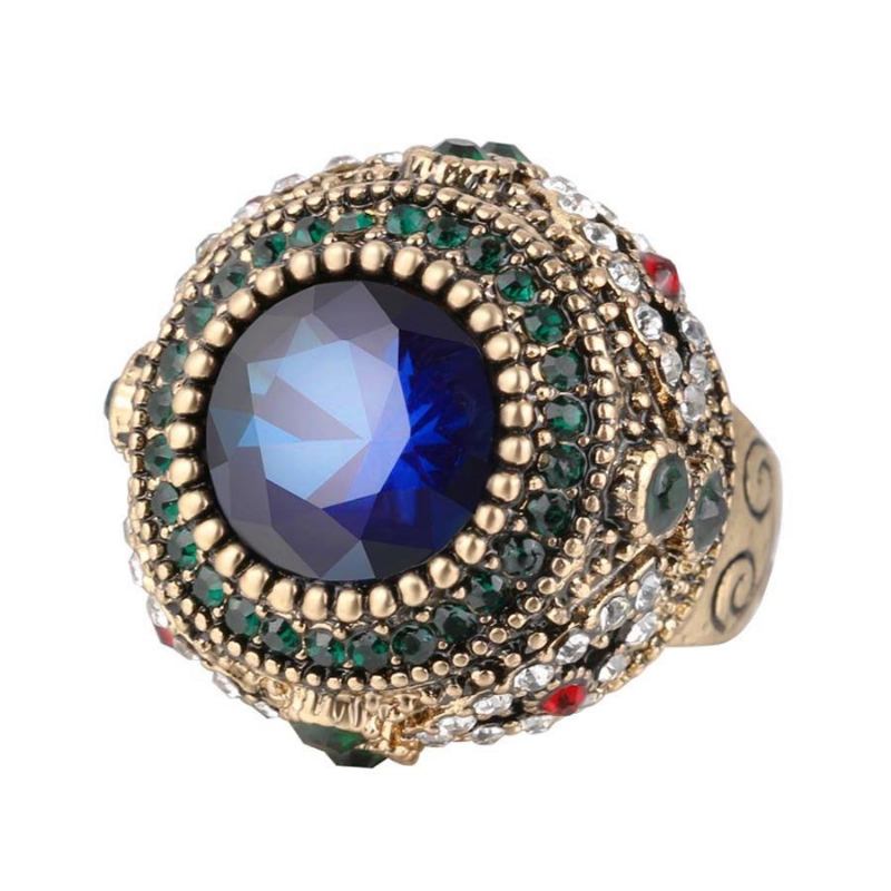 Bohemian Finger Rings Blue Rhinestone Επιχρυσωμένα Στρογγυλά Γεωμετρικά Δαχτυλίδια Ethnic Κοσμήματα Για Γυναίκες