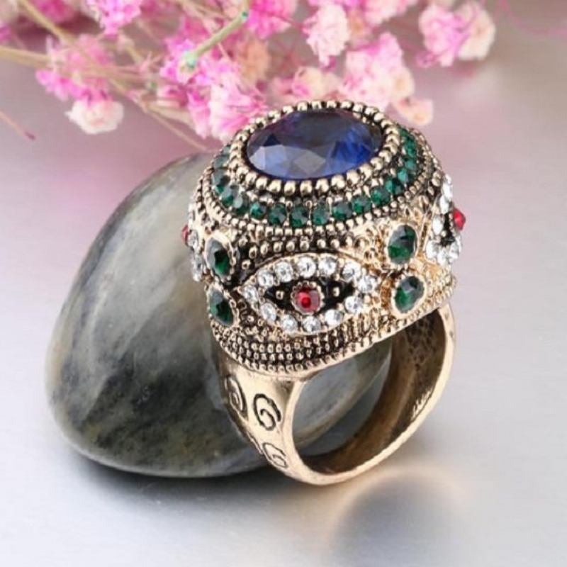 Bohemian Finger Rings Blue Rhinestone Επιχρυσωμένα Στρογγυλά Γεωμετρικά Δαχτυλίδια Ethnic Κοσμήματα Για Γυναίκες