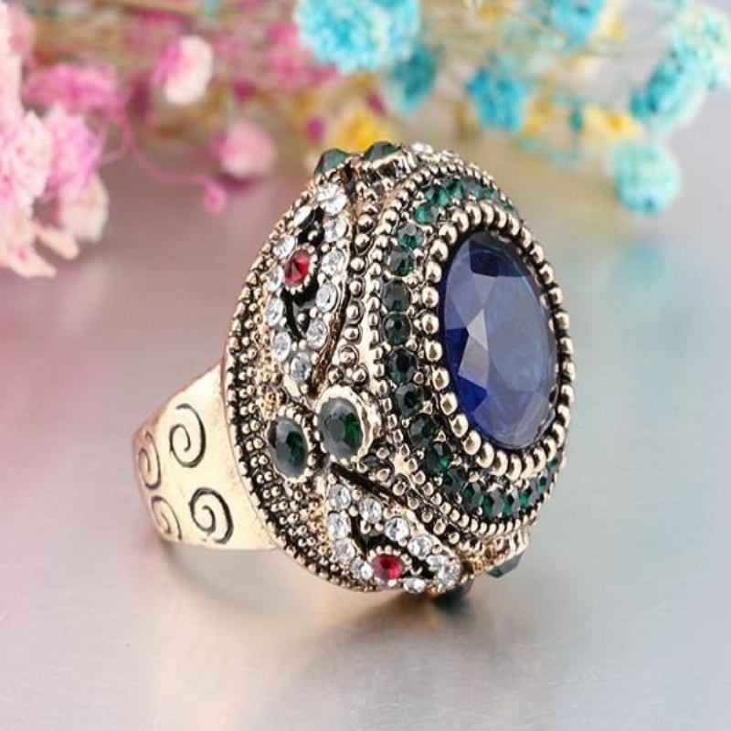 Bohemian Finger Rings Blue Rhinestone Επιχρυσωμένα Στρογγυλά Γεωμετρικά Δαχτυλίδια Ethnic Κοσμήματα Για Γυναίκες