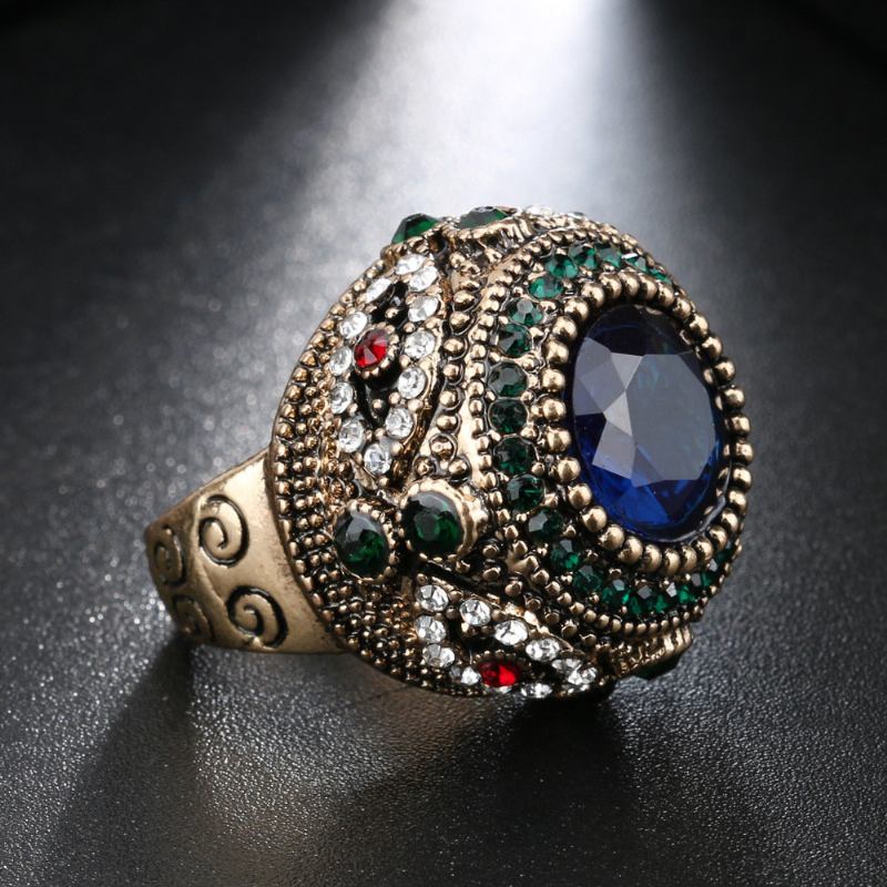 Bohemian Finger Rings Blue Rhinestone Επιχρυσωμένα Στρογγυλά Γεωμετρικά Δαχτυλίδια Ethnic Κοσμήματα Για Γυναίκες