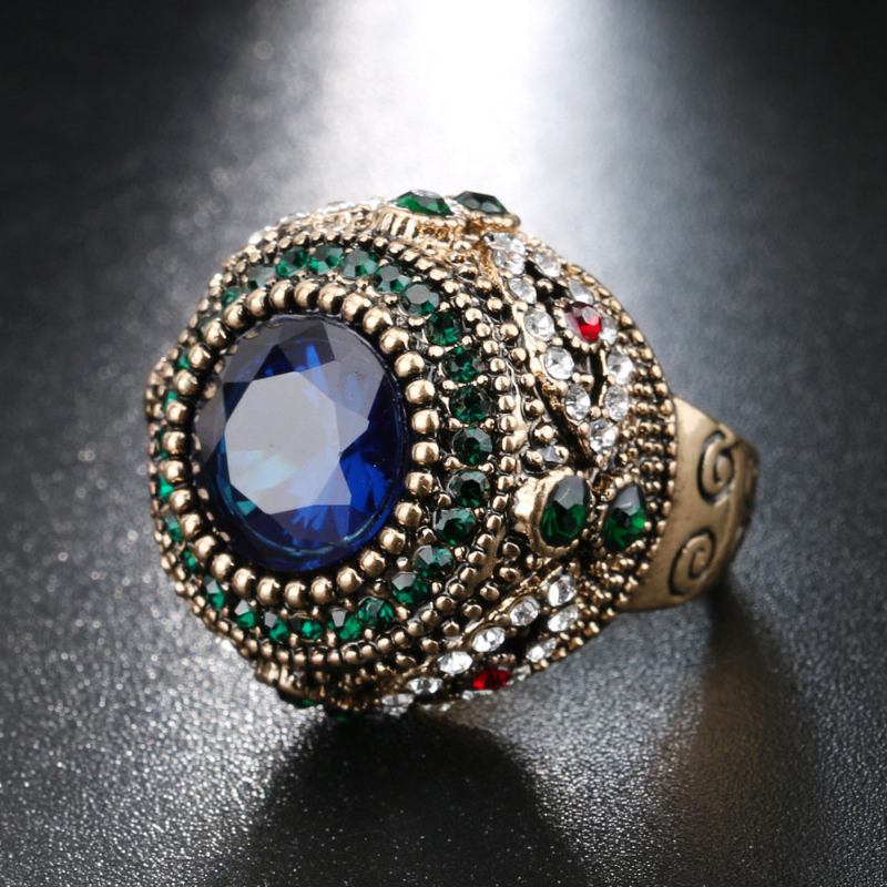 Bohemian Finger Rings Blue Rhinestone Επιχρυσωμένα Στρογγυλά Γεωμετρικά Δαχτυλίδια Ethnic Κοσμήματα Για Γυναίκες