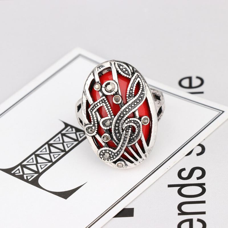 Vintage Δαχτυλίδι Δάχτυλο Hollow Carve Μουσική Ταίριασμα Rhinestone Oval Geometric Ring Ethnic Κοσμήματα Για Γυναίκες