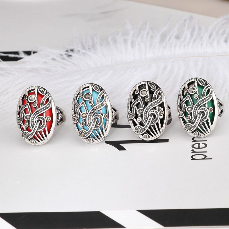 Vintage Δαχτυλίδι Δάχτυλο Hollow Carve Μουσική Ταίριασμα Rhinestone Oval Geometric Ring Ethnic Κοσμήματα Για Γυναίκες