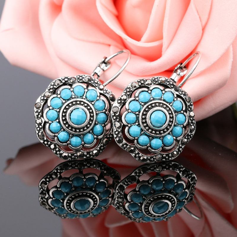 Vintage Ear Drop Σκουλαρίκια Hollow Blue Flower Plant Ear Hoop Ethnic Κοσμήματα Για Γυναίκες